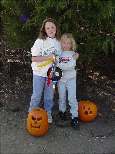 1999 - Indian Princess Fall Campout, Ray Roberts SP, TX -Stephanie & Kara Boldt with pumpkins & cooking trophy.jpg - 1999 - Indian Princess Fall Campout, Ray Roberts SP, TX - Stephanie & Kara Boldt with pumpkins & cooking trophy